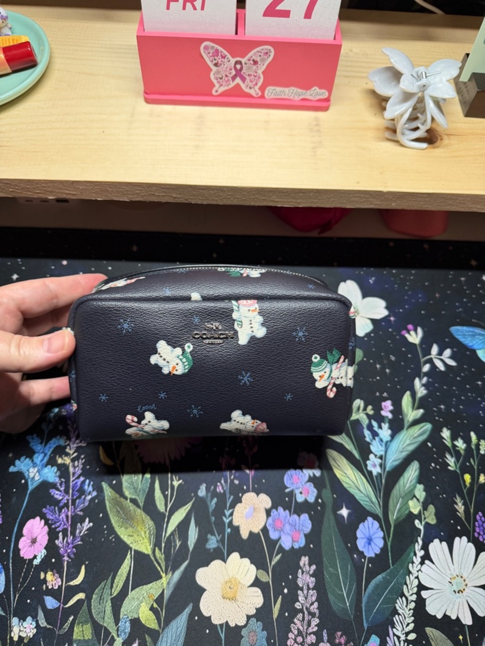 Coach Navy Snowman Cosmetic Case with Playful Print